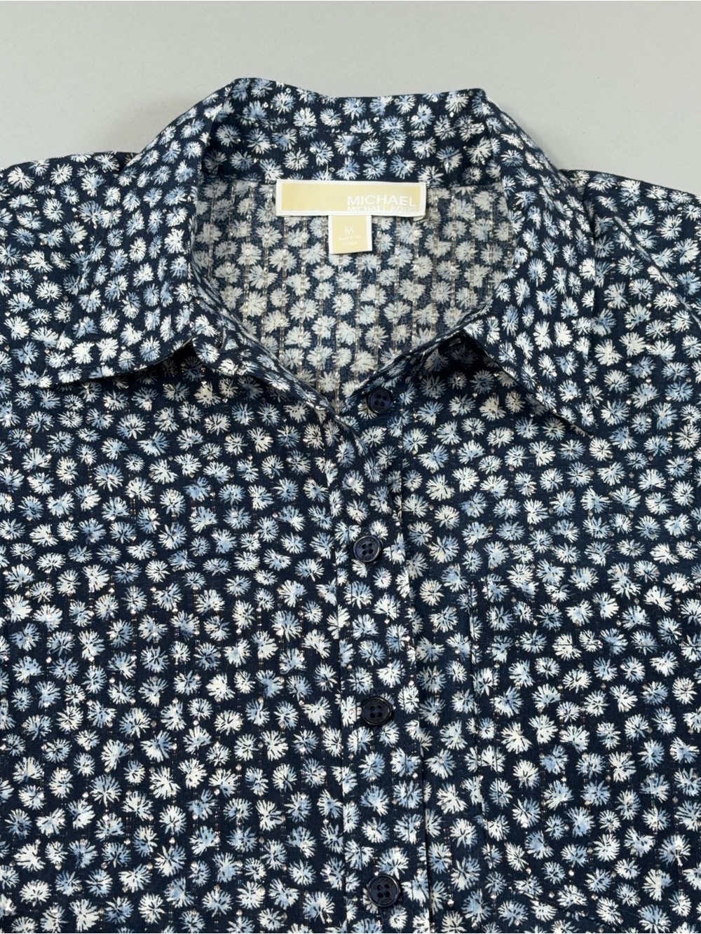 MICHAEL Michael Kors Navy Floral Metallic Silver Tie-Front Short Sleeve Blouse